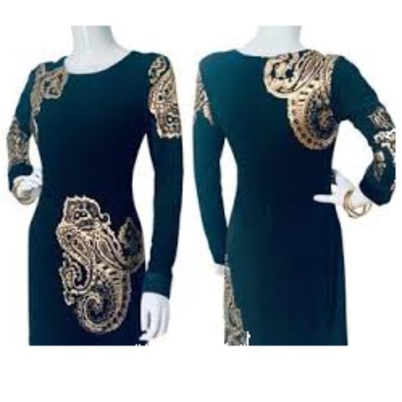 Vintage Cache Women's Metallic Gold Paisley Cocktail Dress Size 8 - Picture 2 of 5